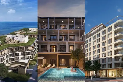 Nowe hotele w Polsce: nowoczesny obiekt nad morzem z zielonym dachem, apartamentowiec z basenem i hotel miejski.