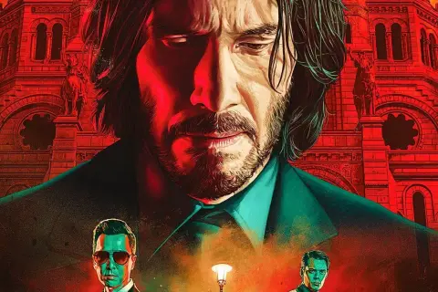 John Wick w czerwonej poświacie, zamyślony, na tle czerwonej budowli. Czy John Wick umiera?