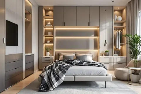 Chambre 11m2 plan : lit douillet, rangements intégrés, dressing ouvert et fauteuil cosy. Ambiance moderne et lumineuse.