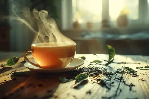 Une tasse de thé fumante, probablement du earl grey, sur une table en bois, entourée de feuilles de thé et de lumière douce.