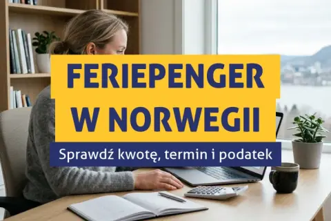 Kobieta pracuje przy biurku, nadzorując swoje feriepenger w Norwegii. Sprawdź kwotę, termin i podatek.
