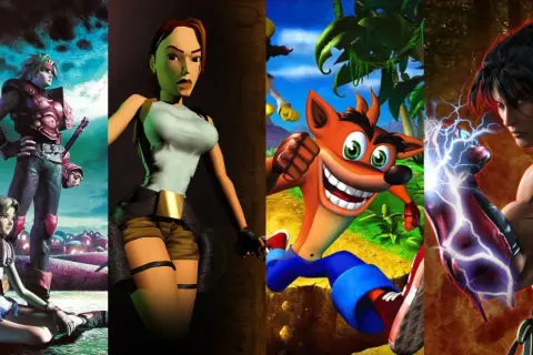Kompilacja postaci z najlepszych gier na PS1: bohaterowie Final Fantasy, Lara Croft, Crash Bandicoot i Jin Kazama.
