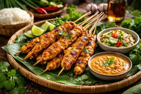 Grillade kyckling satay-spett serveras med jordnötssås, gurksallad och ris. En härlig asiatisk måltid.