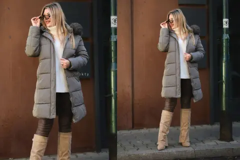 Stylowe kurtki damskie plus size zimowe w kolorze szarym, idealne na chłodne dni. Kobieta w okularach przeciwsłonecznych i białym golfie.
