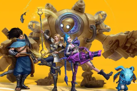 Postacie z League of Legends: Yasuo, Lux, Jinx, Blitzcrank i mały potworek na żółtym tle.