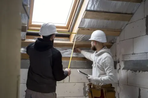 Dwóch budowlańców w kaskach mierzy otwór okna dachowego, planując montaż styropianu na poddasze.