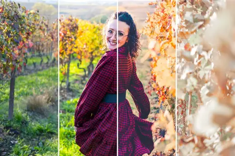 Ragazza sorridente in un vigneto autunnale, con un abito a quadri rossi. L'immagine mostra l'effetto di aggiungere preset lightroom per esaltare i colori caldi.