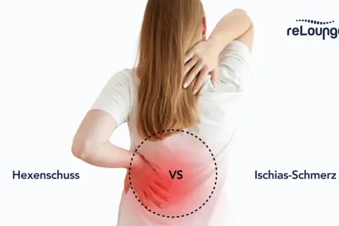 Frau mit Rückenschmerzen, die sich fragt: Hexenschuss was tun? Vergleich mit Ischias-Schmerz.