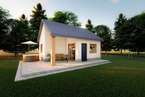 Nowy budowa domu 35m2 z bali drewnianych, z tarasem, jacuzzi i grillem. Otoczony zielenią, idealny na wypoczynek.