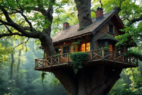 Une magnifique cabane arbre en bois, nichée au cœur d'une forêt luxuriante. La lumière dorée filtre à travers les feuilles, illuminant cette retraite paisible.