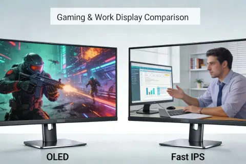 Porównanie ekranów: OLED z dynamiczną grą akcji i Fast IPS z pracą biurową.