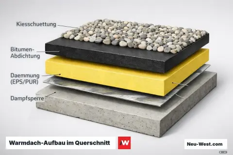 Schichtenaufbau eines Warmdach-Flachdachs: Beton, Dampfsperre, Dämmung, Bitumen-Abdichtung und Kiesschüttung.