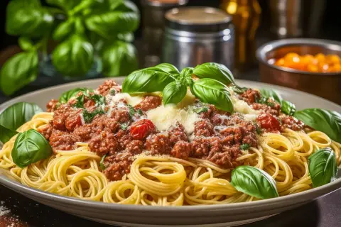 Ein Teller Spaghetti Bolognese, garniert mit frischem Basilikum und Parmesan. Perfekt für ein authentisches Spaghetti Bolognese Rezept.