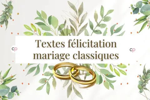 Anneaux d'or sur fond floral, avec le titre "Textes félicitation mariage classiques".