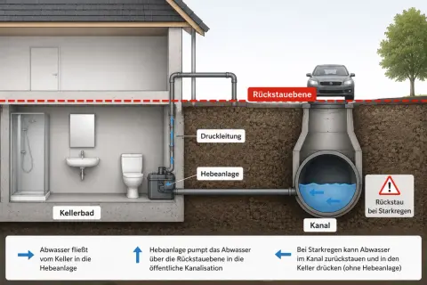 Eine Hebeanlage pumpt Abwasser aus dem Keller über die Rückstauebene in die Kanalisation, um Rückstau bei Starkregen zu verhindern.