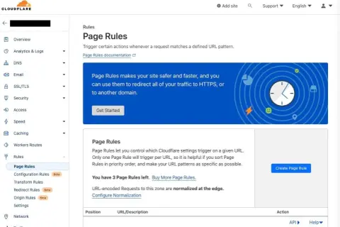 Panel Cloudflare z sekcją Page Rules. Umożliwia zarządzanie regułami dla domeny, np. przekierowanie ruchu. Dostępne są 3 reguły.
