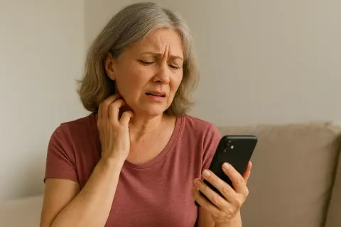 Mujer con cabello gris se rasca el cuello, preocupada mientras mira su teléfono, buscando cómo aliviar los picores en la menopausia.