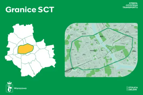 Mapa Warszawy z zaznaczoną żółtą obwódką, która wyznacza granice SCT – Strefy Czystego Transportu.