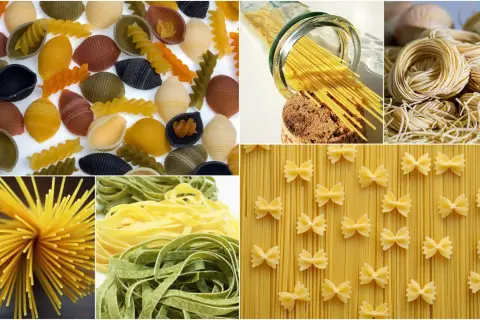 Kolaż prezentujący różnorodne rodzaje makaronów włoskich: kolorowe fusilli, muszelki, spaghetti, tagliatelle, farfalle i nesty.