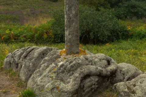 Pedra da serpe, un cruceiro de pedra incrustado nunha rocha con forma de serpe, rodeado de vexetación verde e púrpura.