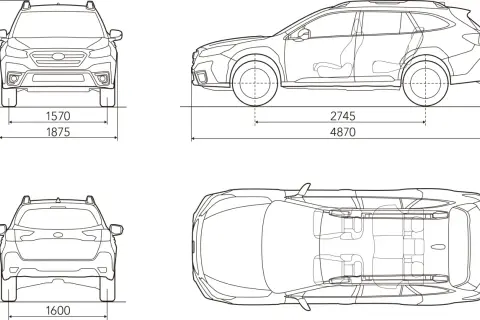 Rysunki techniczne Subaru Outback z wymiarami: wysokość 1675 mm, szerokość 1875 mm, długość 4870 mm, rozstaw osi 2745 mm, szerokość tyłu 1600 mm.