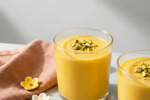 Två glas med krämig mango lassi, toppad med hackade pistagenötter. Ett perfekt recept för en svalkande dryck.