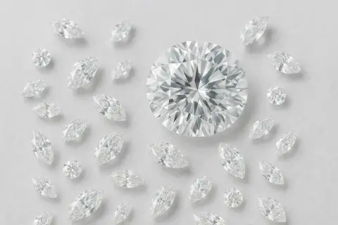 Oto jak wygląda diament: duży, okrągły brylant otoczony mniejszymi diamentami w kształcie łzy i okrągłymi.