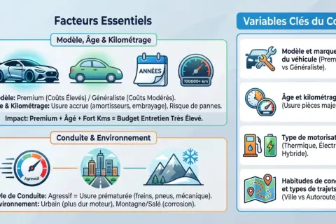 Infographie sur les facteurs influençant le tarif entretien gpl : modèle, âge, kilométrage, conduite et environnement.