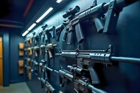 Pared oscura con varias réplicas de armas de airsoft, algunas con miras telescópicas. Un pasillo con puerta naranja al fondo.