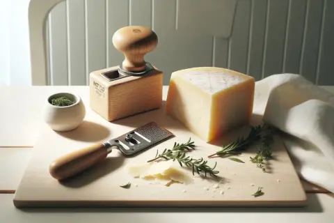 Ein Stück Parmesan liegt bereit, daneben ein Hobel und Kräuter. Perfekt für vegetarische Gerichte.
