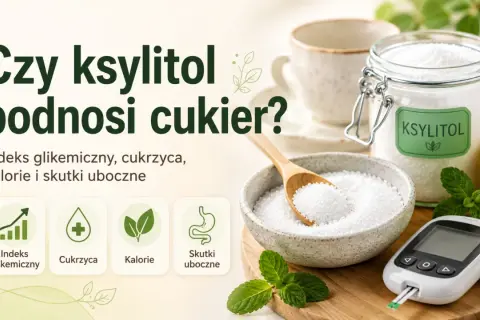 Ksylitol co to? Słodzik, indeks glikemiczny, cukrzyca, kalorie i skutki uboczne. Słoik z ksylitolem, cytryna, mięta, glukometr.