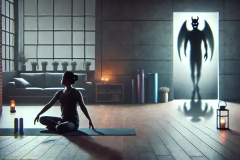 Kobieta medytuje na macie, a w tle widoczny jest cień demona.