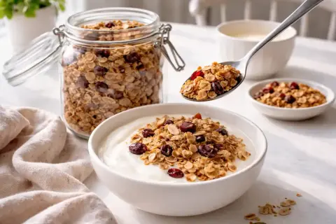 En sked med krispig, hemgjord egen granola toppar en skål med yoghurt. En glasburk fylld med samma granola står bredvid.