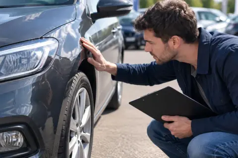 Un homme examine la carrosserie d'une voiture grise, peut-être une SP95 E10, avec un bloc-notes.