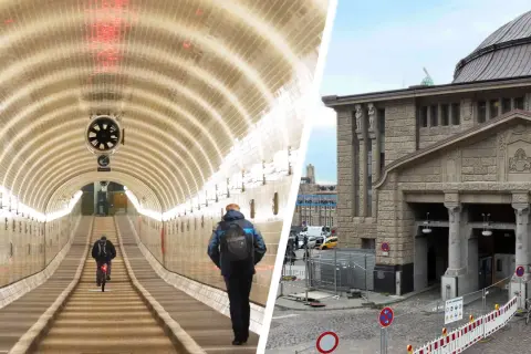Fußgänger und Radfahrer im beleuchteten Elbtunnel, daneben die imposante Architektur des Eingangsgebäudes.
