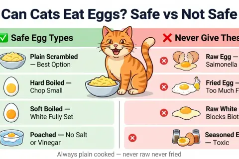 An infographic shows that cats can eat plain scrambled, hard-boiled, soft-boiled, and poached eggs. Never give cats raw eggs, fried eggs, raw whites, or seasoned eggs.