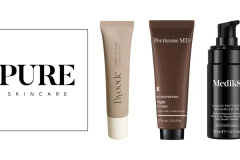 Tres productos de belleza: un logo de "PURE SKINCARE", una crema de ojos Byoodē y cremas de noche Perricone MD y Medik8, destacando el uso de péptidos en cosmética.