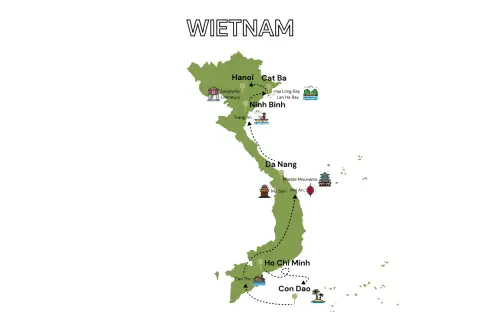Mapa Wietnamu z zaznaczonymi atrakcjami: Hanoi, Zatoka Ha Long, Ninh Binh, Da Nang, Hoi An, Ho Chi Minh i Con Dao. Podróż przez wietnam południowy.