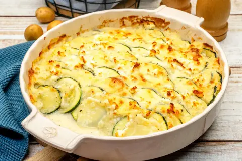 Ein goldbraun überbackener Zucchini-Auflauf mit cremiger Käsesauce und zarten Zucchinischeiben. Dieser Auflauf ist der beste Beweis für einfache, aber köstliche Hausmannskost.