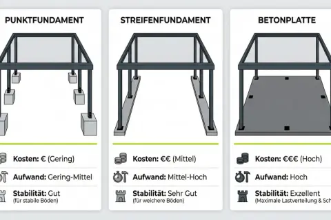 Vergleich von Fundamenttypen: Punktfundament, Streifenfundament und Betonplatte. Jede Darstellung zeigt eine Struktur auf einem Fundament aus Beton mit Kosten-, Aufwands- und Stabilitätsangaben.