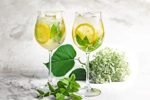 Dwa orzeźwiające drinki z cytryną i miętą, idealne na upalne dni. To może być pyszne hugo wino niemieckie.