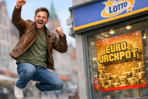 Szczęśliwy mężczyzna skacze z radości przed punktem Lotto. Reklama Eurojackpot informuje, dlaczego kumulacja Eurojackpot zatrzymuje się na 120 milionach euro.
