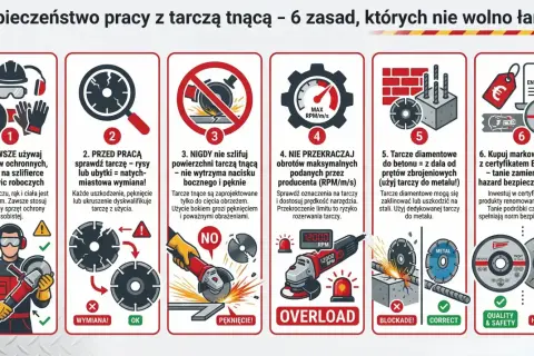 Grafika przedstawia 6 zasad bezpiecznej pracy z tarczą tnącą. Pokazuje m.in. konieczność używania okularów, sprawdzania stanu tarczy, unikania szlifowania nią, przestrzegania obrotów, używania odpowiedniej tarczy do materiału i kupowania certyfikowanyc...