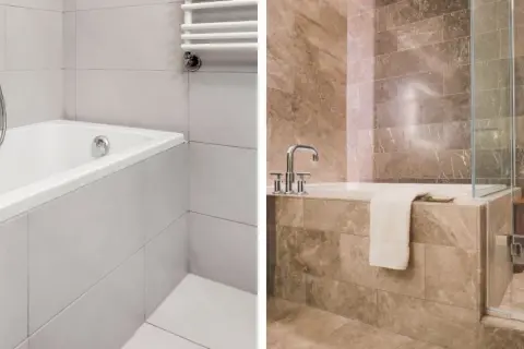 Carrelage clair autour d'une baignoire blanche à gauche, et carrelage marron élégant autour d'une baignoire à droite, avec une douche vitrée.