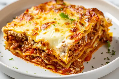En saftig bit lasagne med gyllene ost och köttfärssås, redo att avnjutas. Perfekt lasagne tid i ugn!