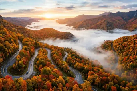Winding mountain road through vibrant autumn foliage, with a sea of fog below. The scene has a beautiful bokeh no blur effect, capturing the crisp details of the fall colors.