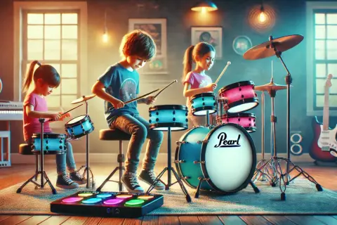 Dzieci grają na perkusji, tworząc muzykę. W tle gitara i keyboard. To wspaniały zestaw instrumentów dla dzieci.