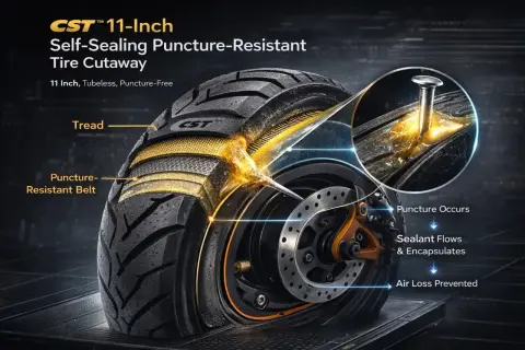 Coupe d'un pneu tubeless voiture CST 11 pouces auto-réparant. Un clou perce le pneu, le liquide scelle la crevaison.
