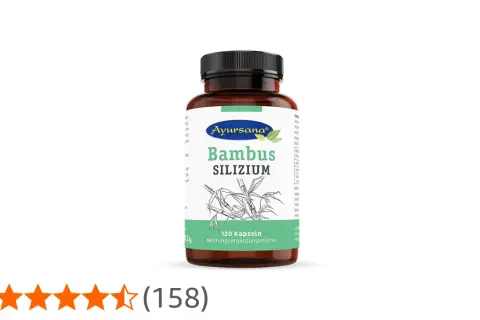 Braune Dose mit Ayursana Bambus Silizium Kapseln. Die positive Wirkung von Bambus Silizium für Haut und Haare wird oft hervorgehoben.
