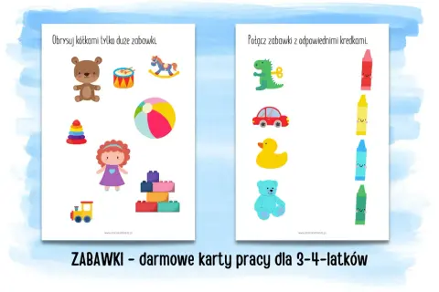 Karty pracy dla dzieci: wycinanie po śladzie dużych zabawek i łączenie ich z kredkami. Miś, koń na biegunach, klocki i inne.